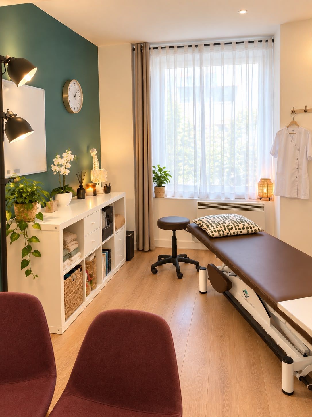 La salle de consultation : une table de soin, un meuble de rangement clair, des plantes et une grande fenêtre voilée.